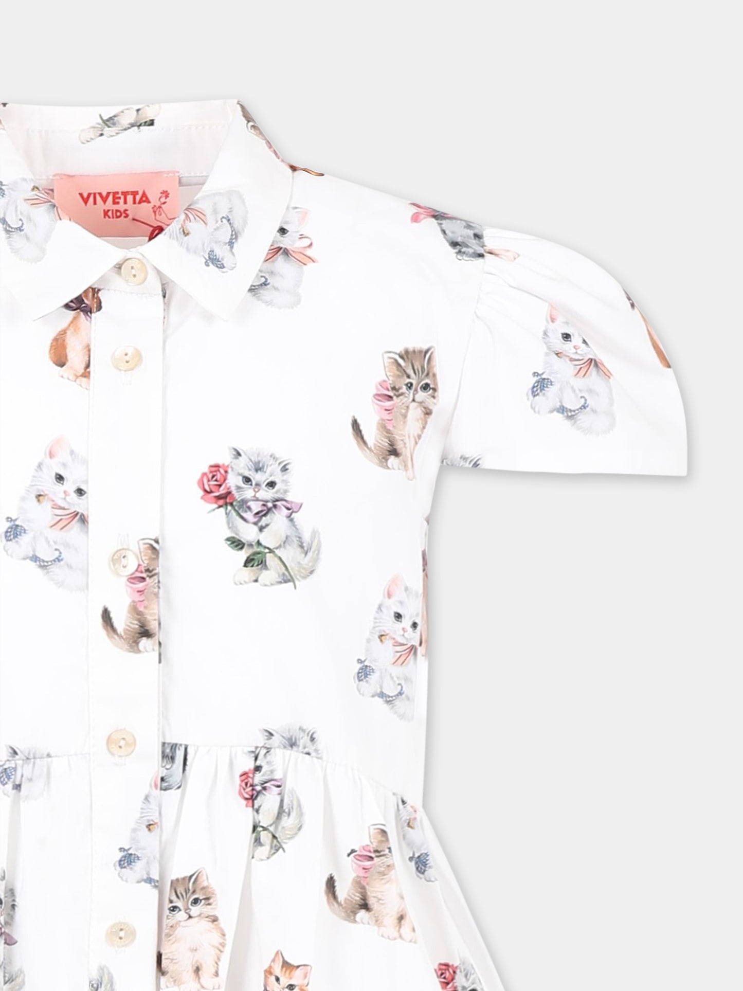 Vestito bianco per bambina con gatti all over,Vivetta Kids,VE2538B