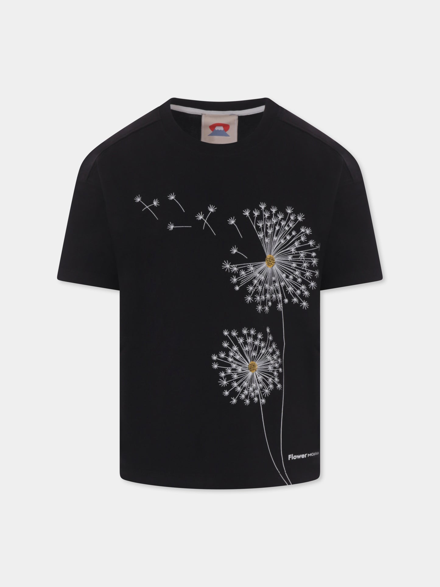 T-shirt nera per bambini con fiori e logo,Flower Mountain,0A01 0016002878 01 SABURO