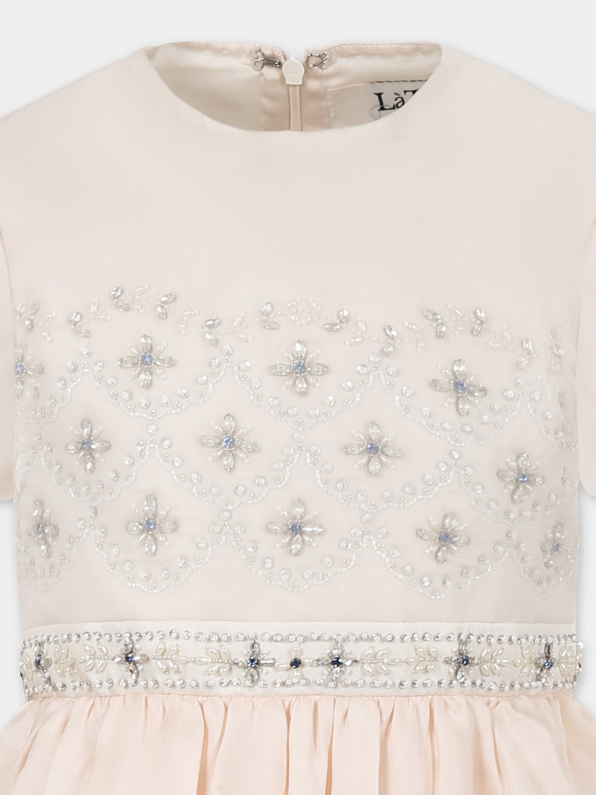 Vestito rosa per bambina con motivo floreale e cristalli,Làtara,SS25 1630