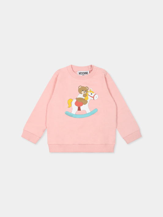 Felpa rosa per neonata con Teddy Bear e cavallo a dondolo,Moschino Kids,MYF04Q LCA19 50209