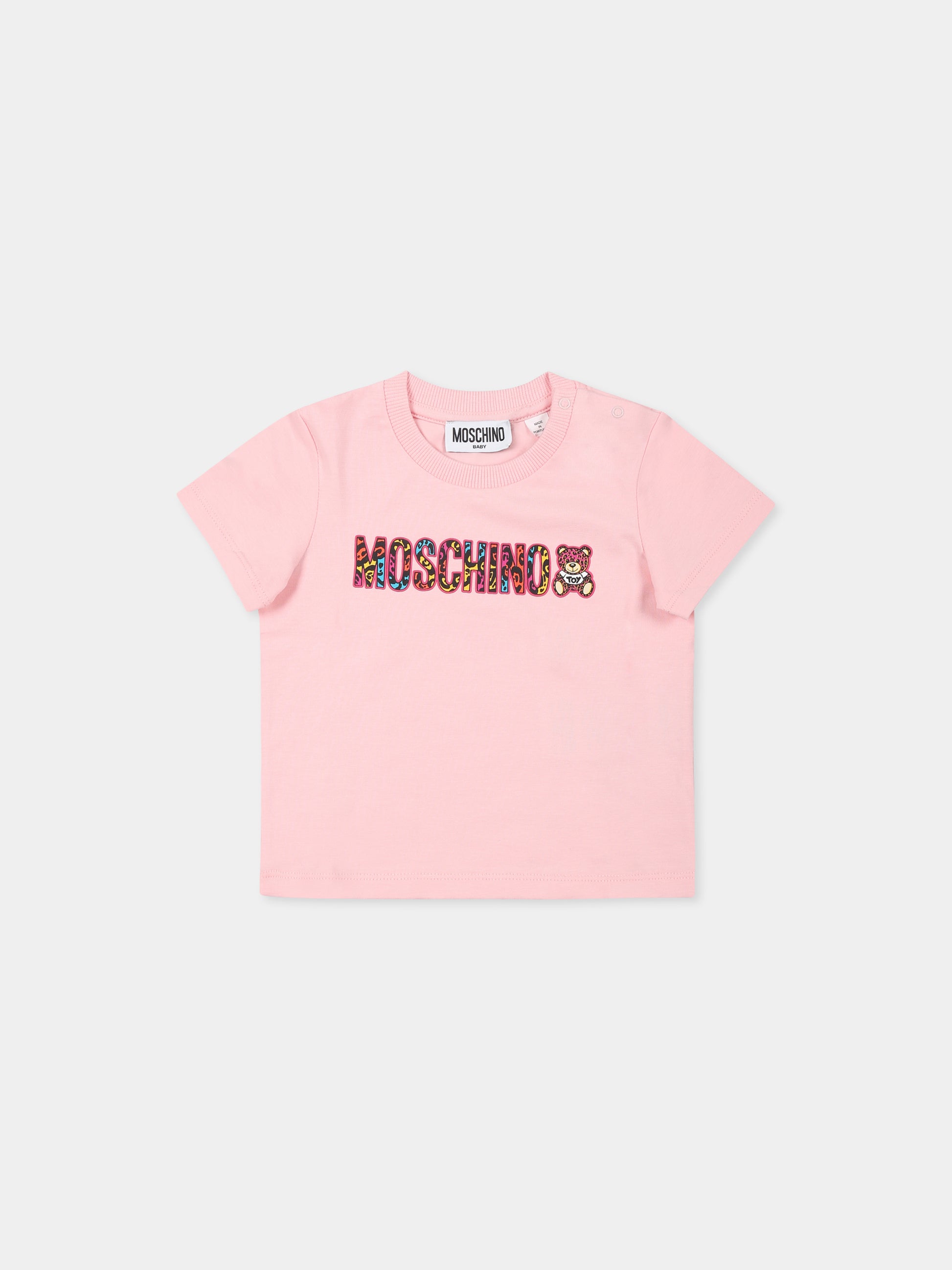 T-shirt rosa per neonata con Teddy Bear e logo,Moschino Kids,MBM02U LBA00 50209