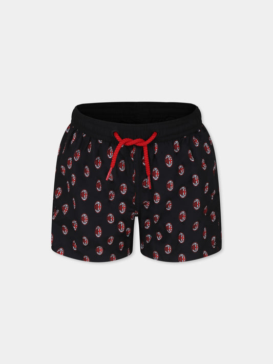 Black swim shorts for boy with Milan logo