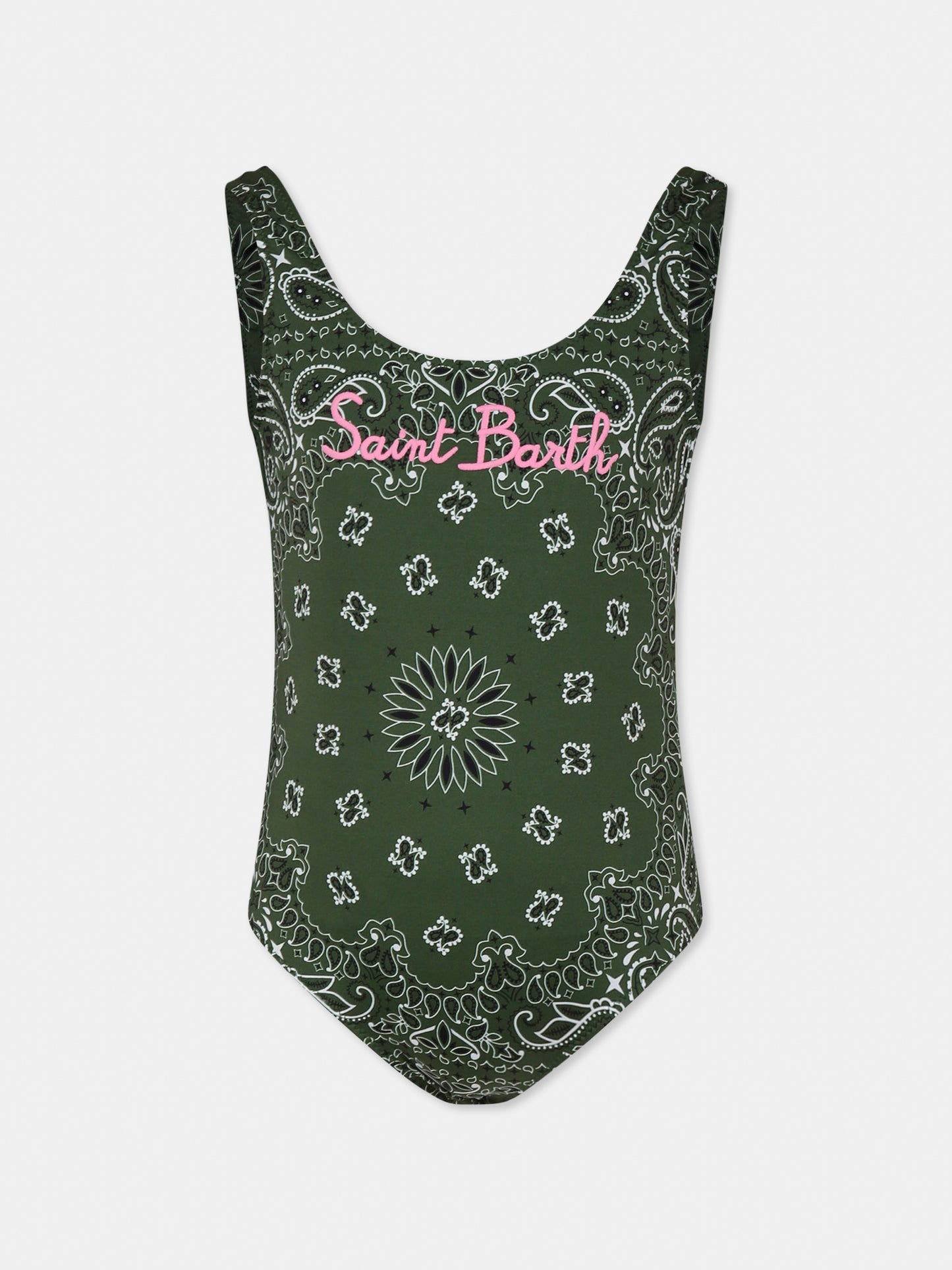Green swimsuit for girl with bandana print