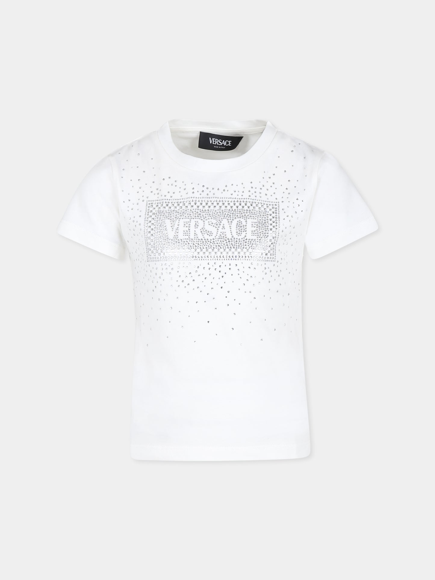 T-shirt bianca per bambina con cristalli e logo,Versace,1000052 1A11469 2B210