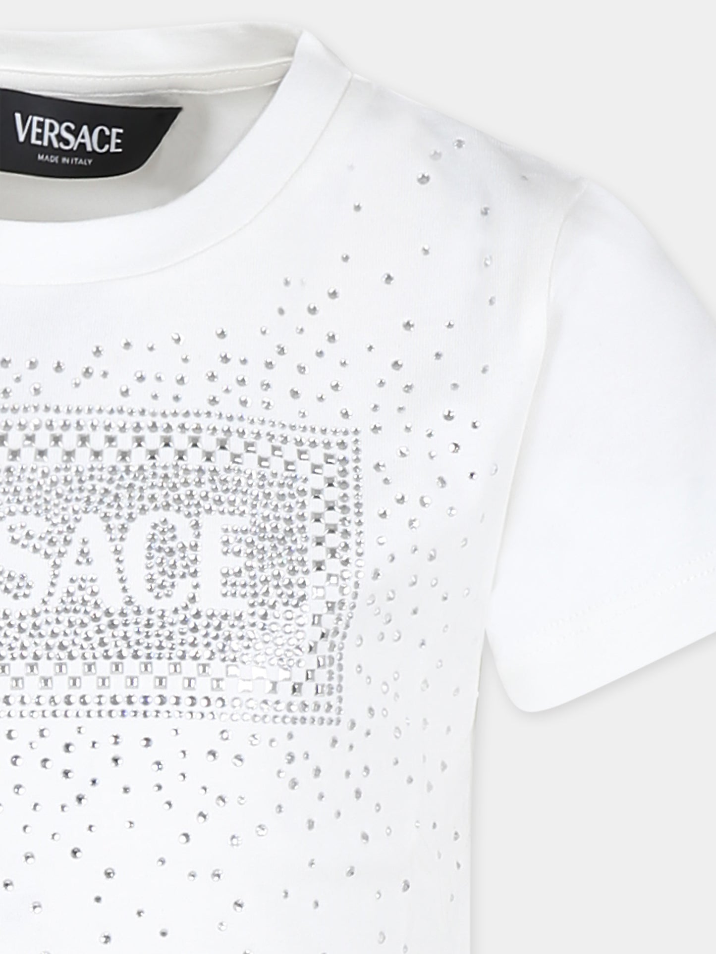 T-shirt bianca per bambina con cristalli e logo,Versace,1000052 1A11469 2B210