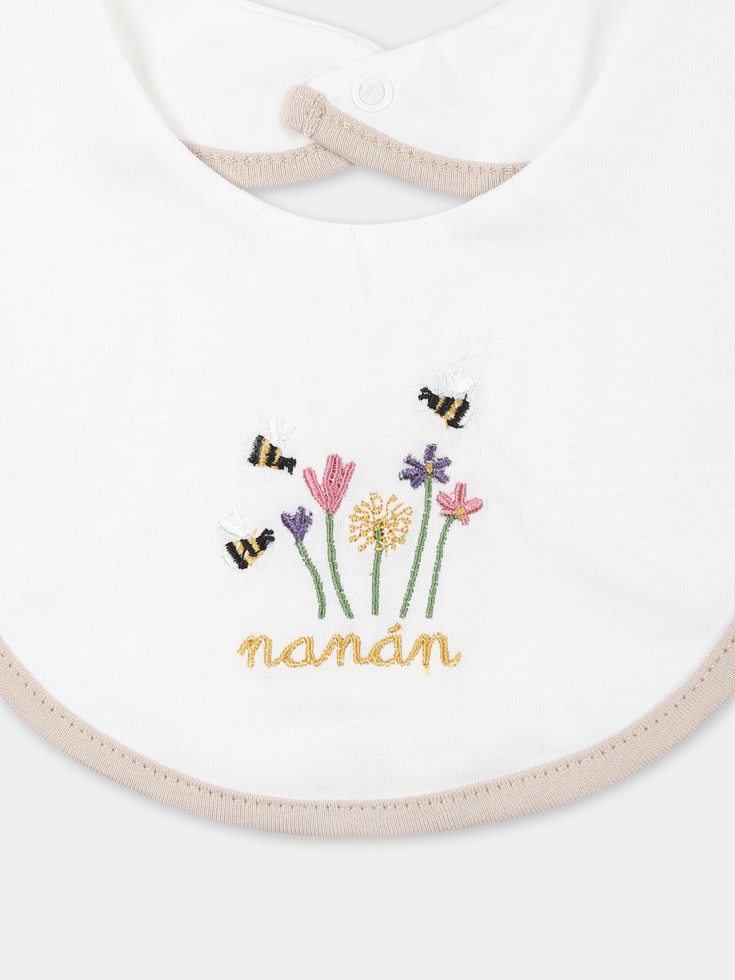 Bavaglino bianco per neonata con api e logo,Nanán,E25407B