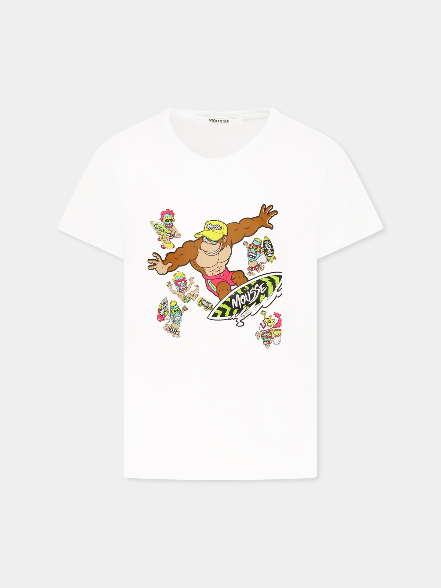 T-shirt bianca per bambino con scimmia e mostrimaori,Mousse Kids,SKTS383W