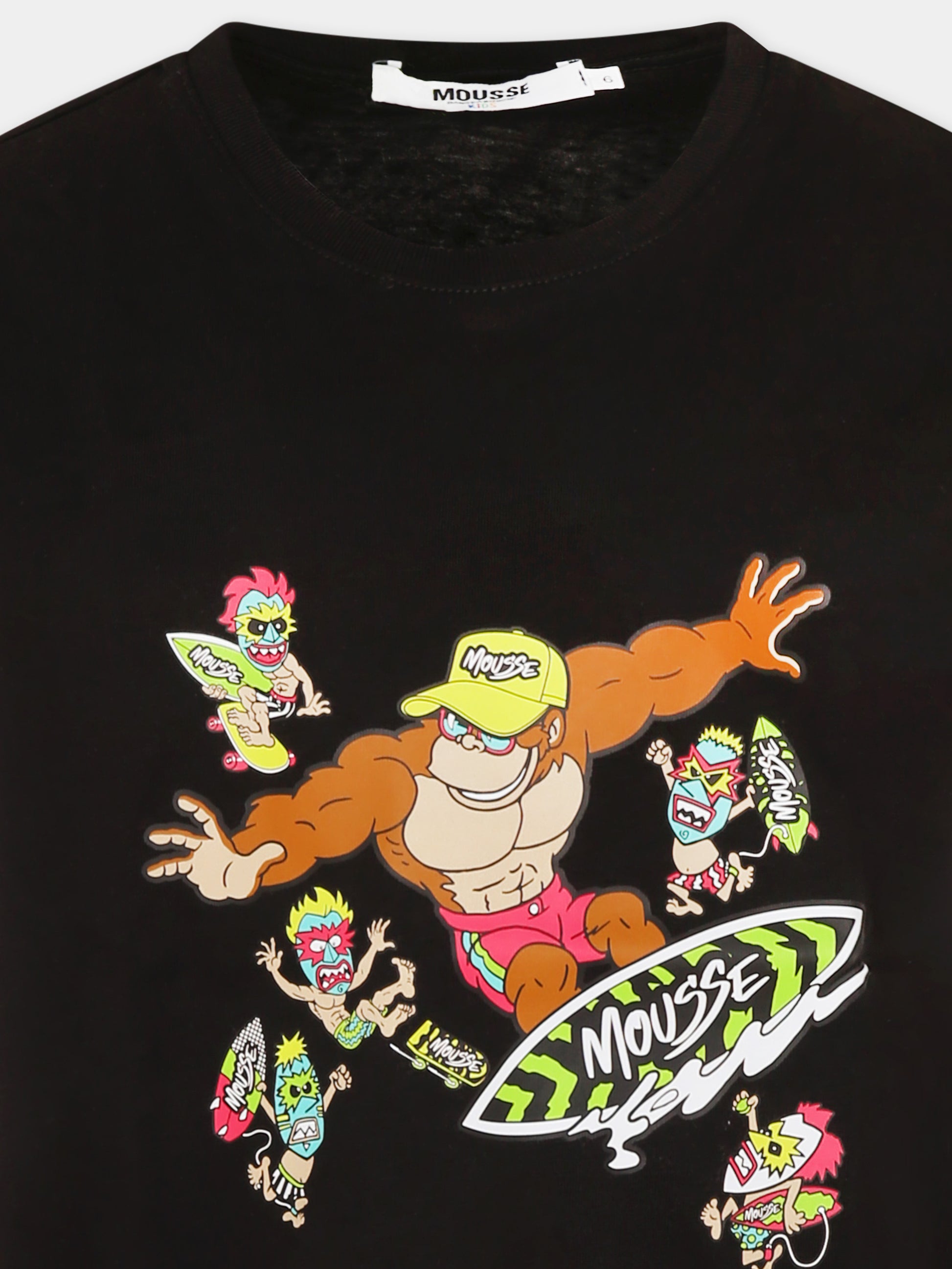 T-shirt nera per bambino con scimmia e mostri maori,Mousse Kids,SKTS383B