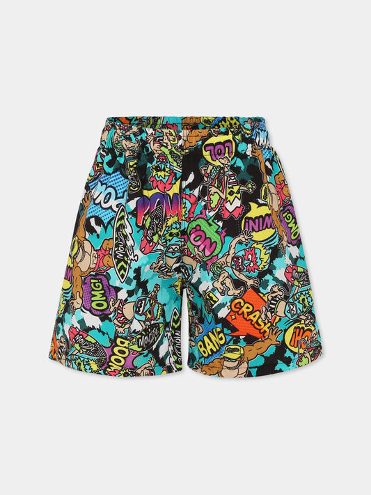 Shorts multicolor per bambino con scimmia e mostri maori,Mousse Kids,SKSP383