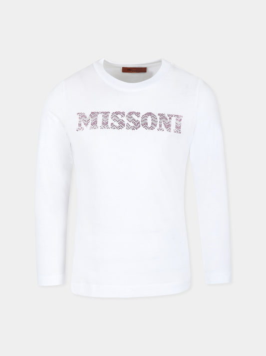 T-shirt bianca per bambina con logo e strass,Missoni,MT8A90 J0177 100FU