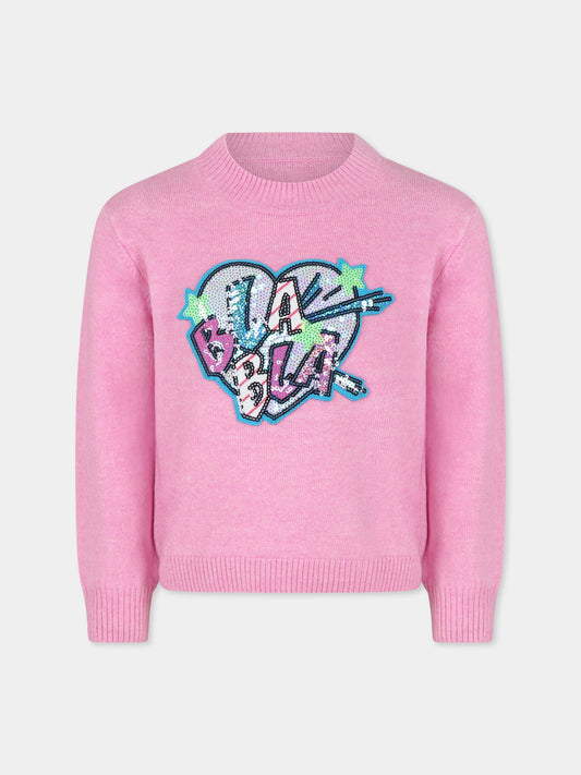 Maglione rosa per bambina con scritta e paillettes,Billieblush,U15B53 47C