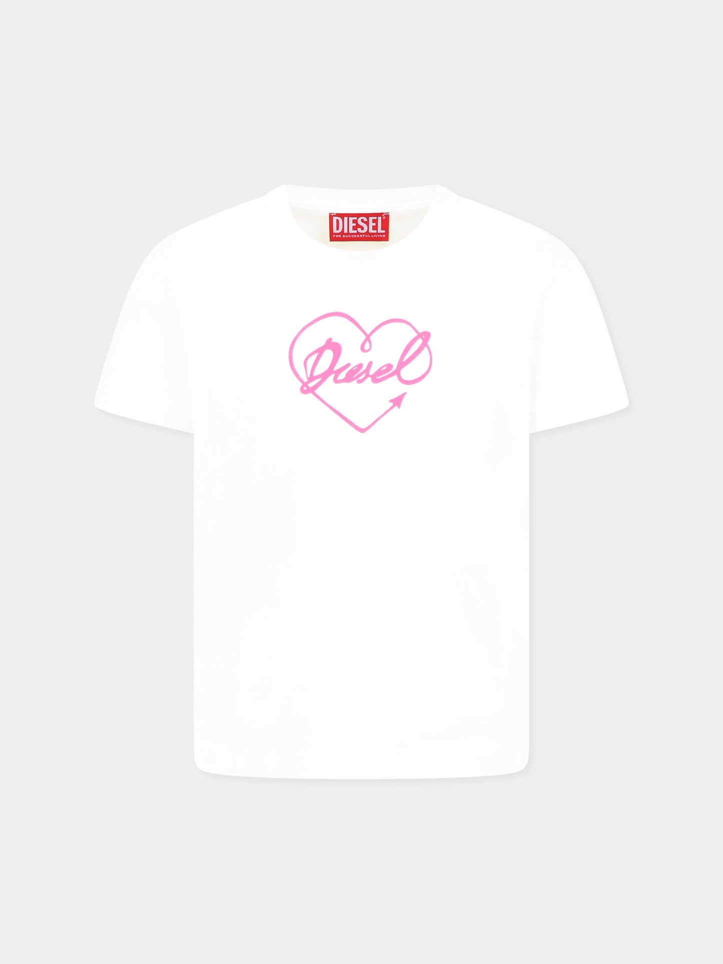 T-shirt bianca per bambina con cuore e logo,Diesel,J02026 KYAR1 K100
