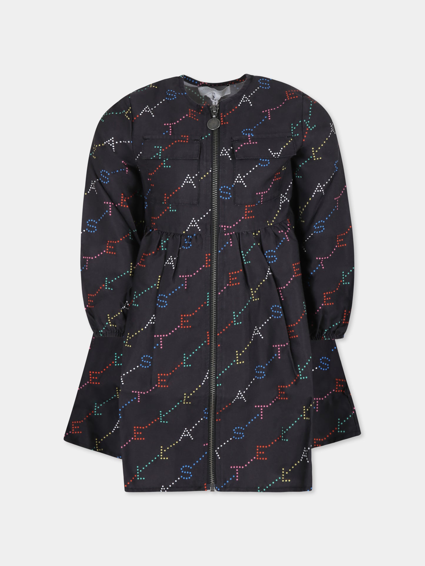 Vestito nero per bambina con logo all over,Stella Mccartney Kids,TV1D70 Z2068 930MC