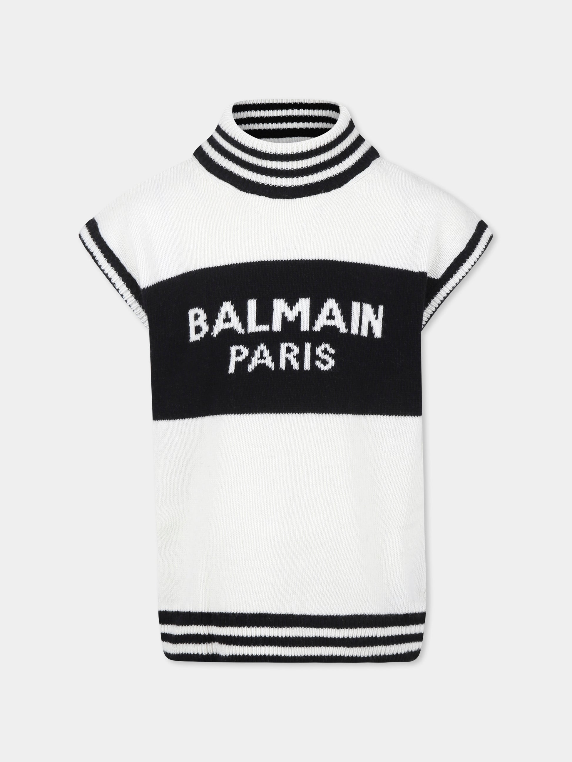 Maglia gilet avorio per bambina con logo,Balmain Kids,BV9A51 Z2361 102NE