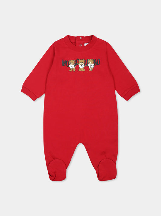 Tutina rossa per neonati con tre Teddy Bears,Moschino Kids,MUT040 LAA10 50307