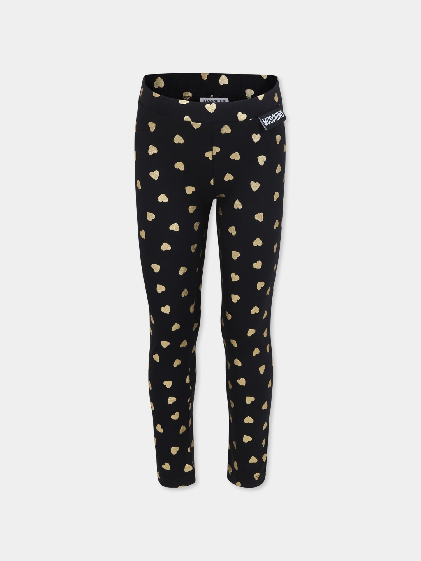 Leggings neri per bambina con logo e cuori all over,Moschino Kids,HDP066 LBB3E 86106