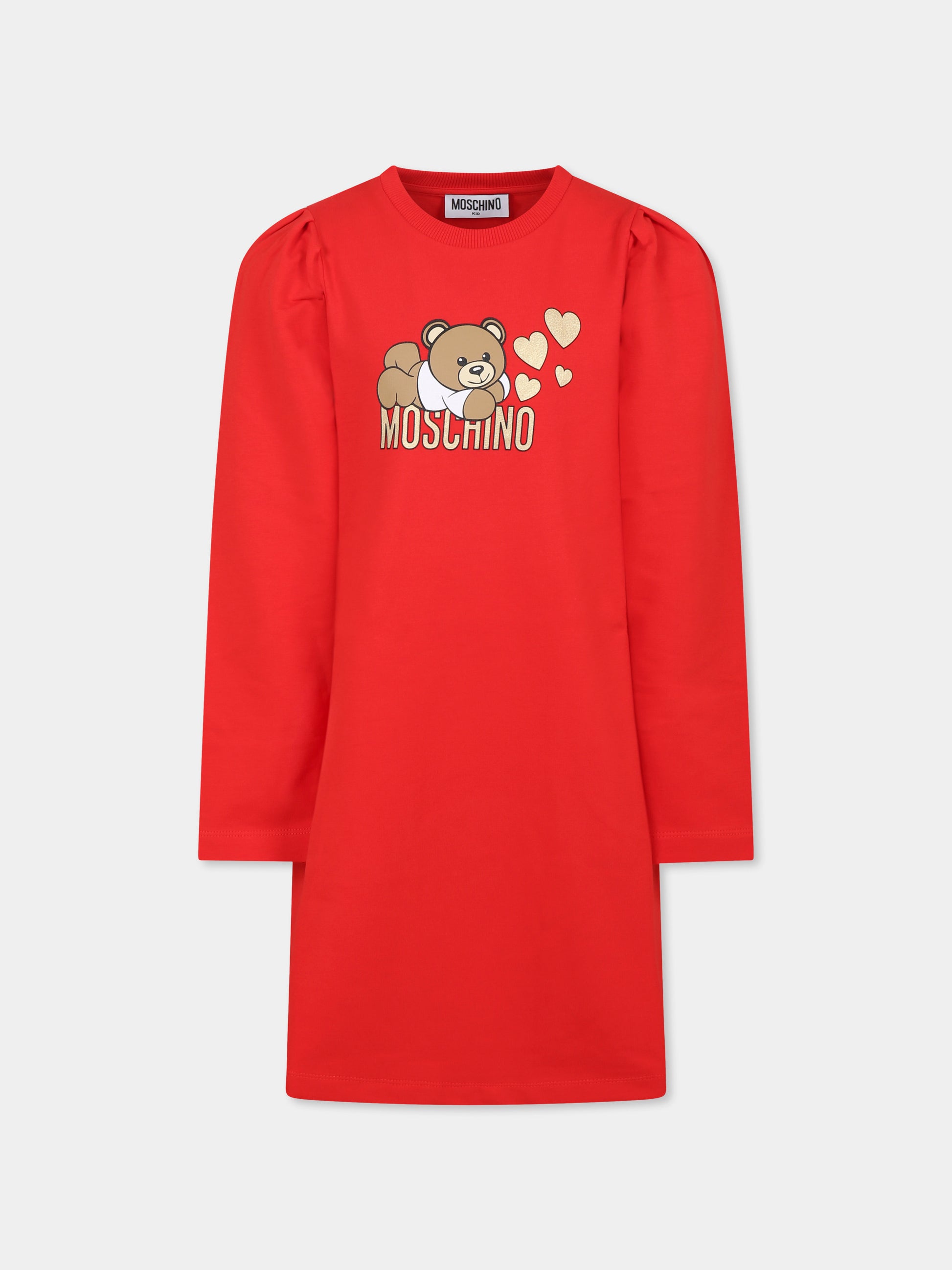 Vestito rosso per bambina con Teddy Bear e cuore,Moschino Kids,HDV0FC LDA16 50109