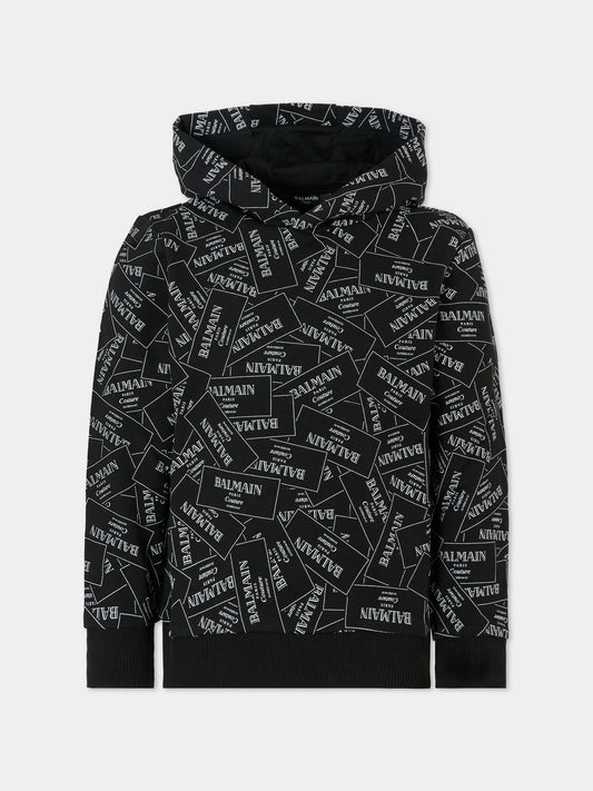 Felpa nera per bambini con logo all over,Balmain Kids,BX4P60-Z3331 930BC