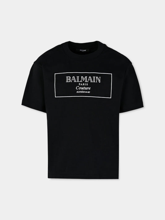 T-shirt nera per bambini con logo ricamato,Balmain Kids,BX8P51-Z3186 930BC