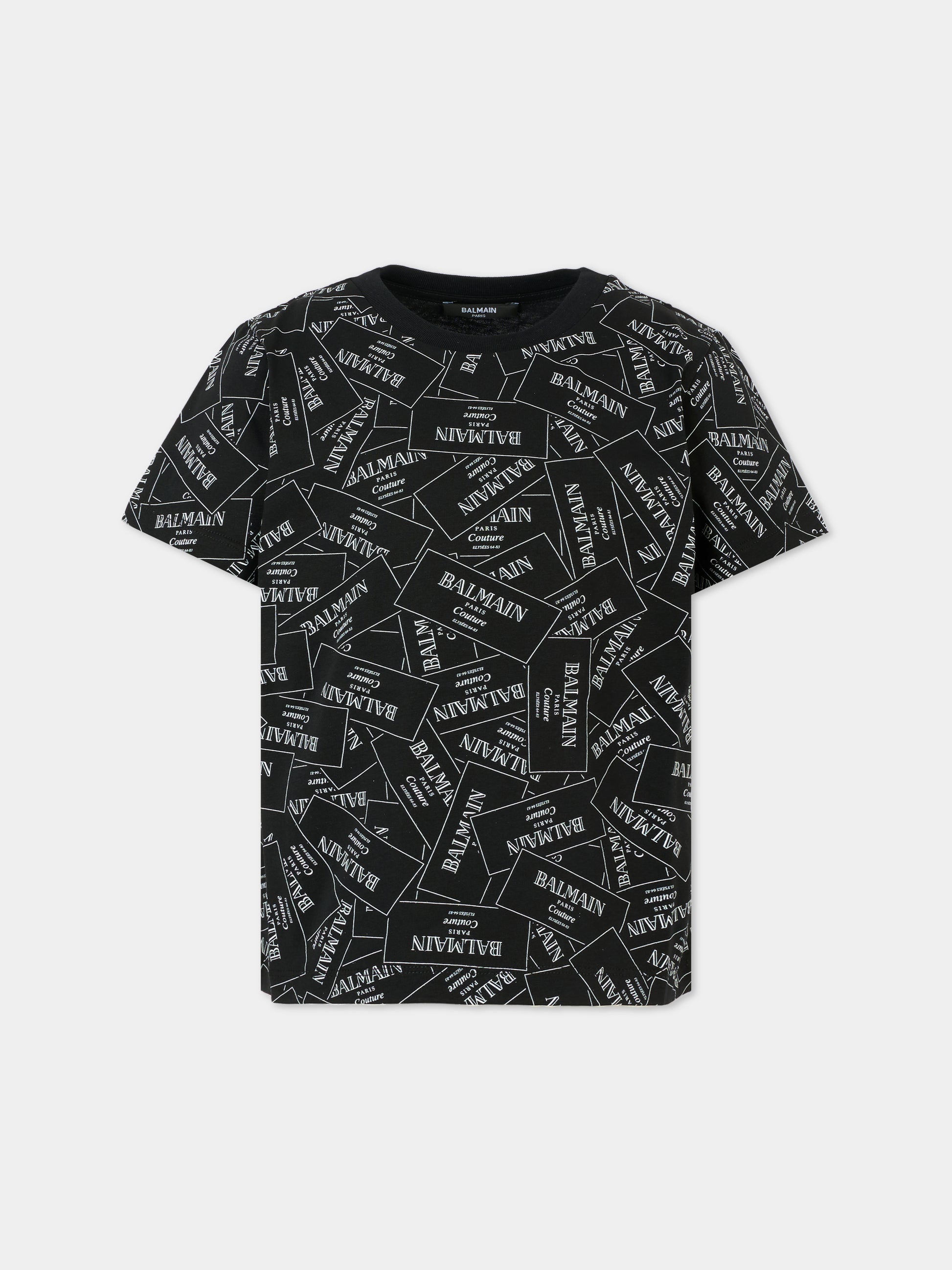 T-shirt nera per bambini con logo all over,Balmain Kids,BX8Q11-Z3186 930BC