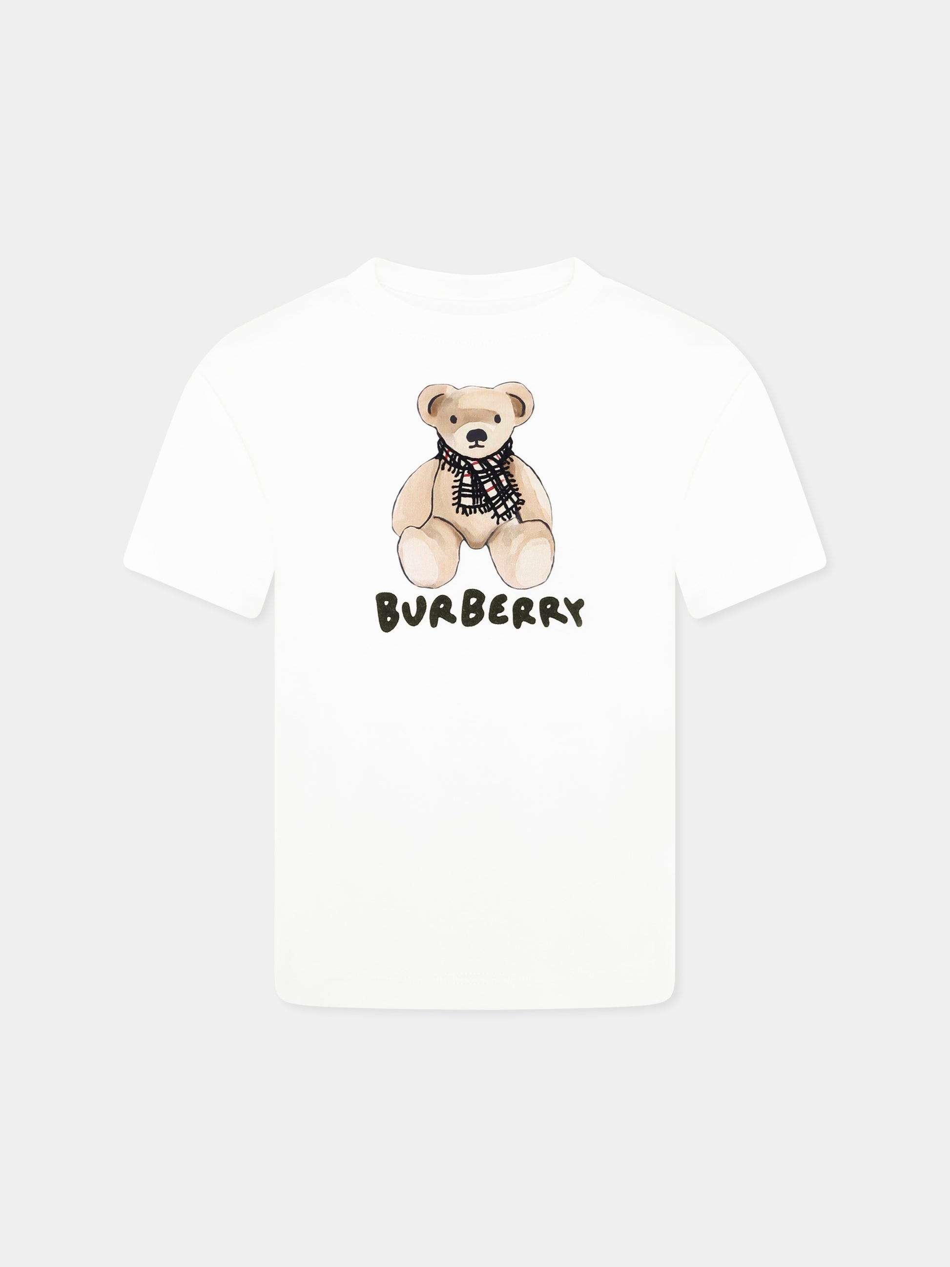 T-shirt bianca per bambini con orsetto e logo,Burberry Kids,8112389 A1464