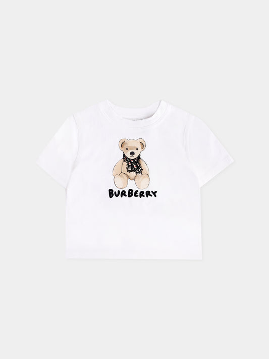 T-shirt bianca per neonati con orsetto e logo,Burberry Kids,8112507 A1464
