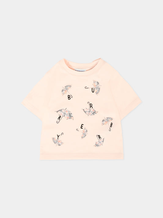 T-shirt rosa per neonata con ombrello all over,Burberry Kids,8112602 A4651