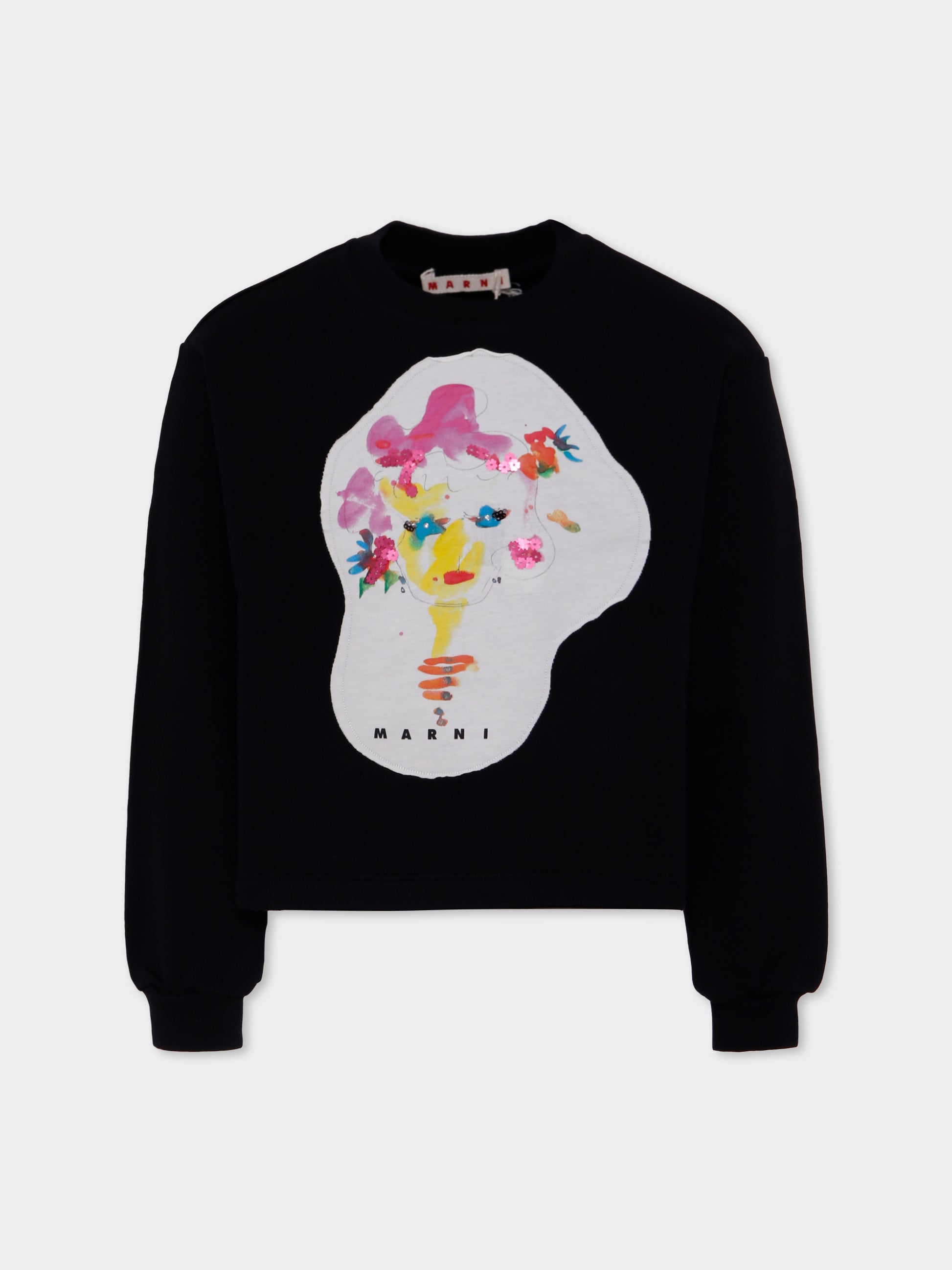 Felpa nera per bambina con stampa viso,Marni Kids,M01599 M00V1 0M900