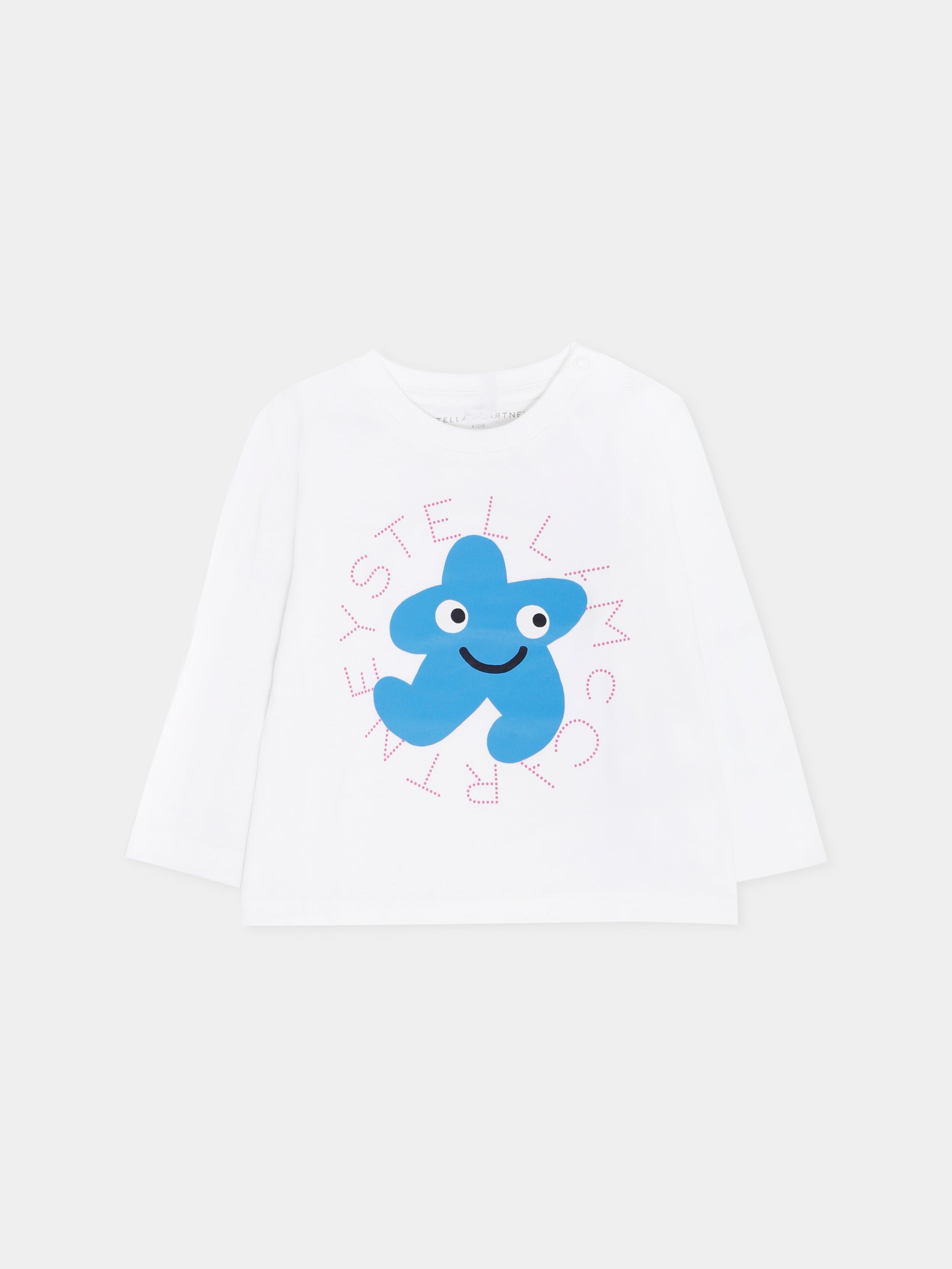 T-shirt avorio per neonato con stella azzurra e logo,Stella Mccartney Kids,TX8100 Z0434 101