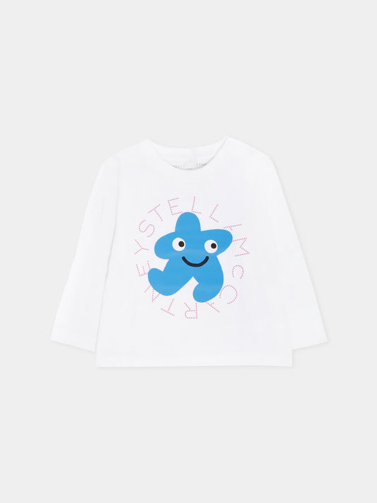 T-shirt avorio per neonato con stella azzurra e logo,Stella Mccartney Kids,TX8100 Z0434 101