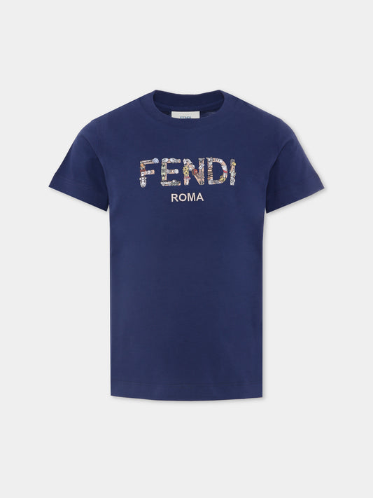 T-shirt blu con logo per bambino,Fendi Kids,JMI487 7AJ F1I11