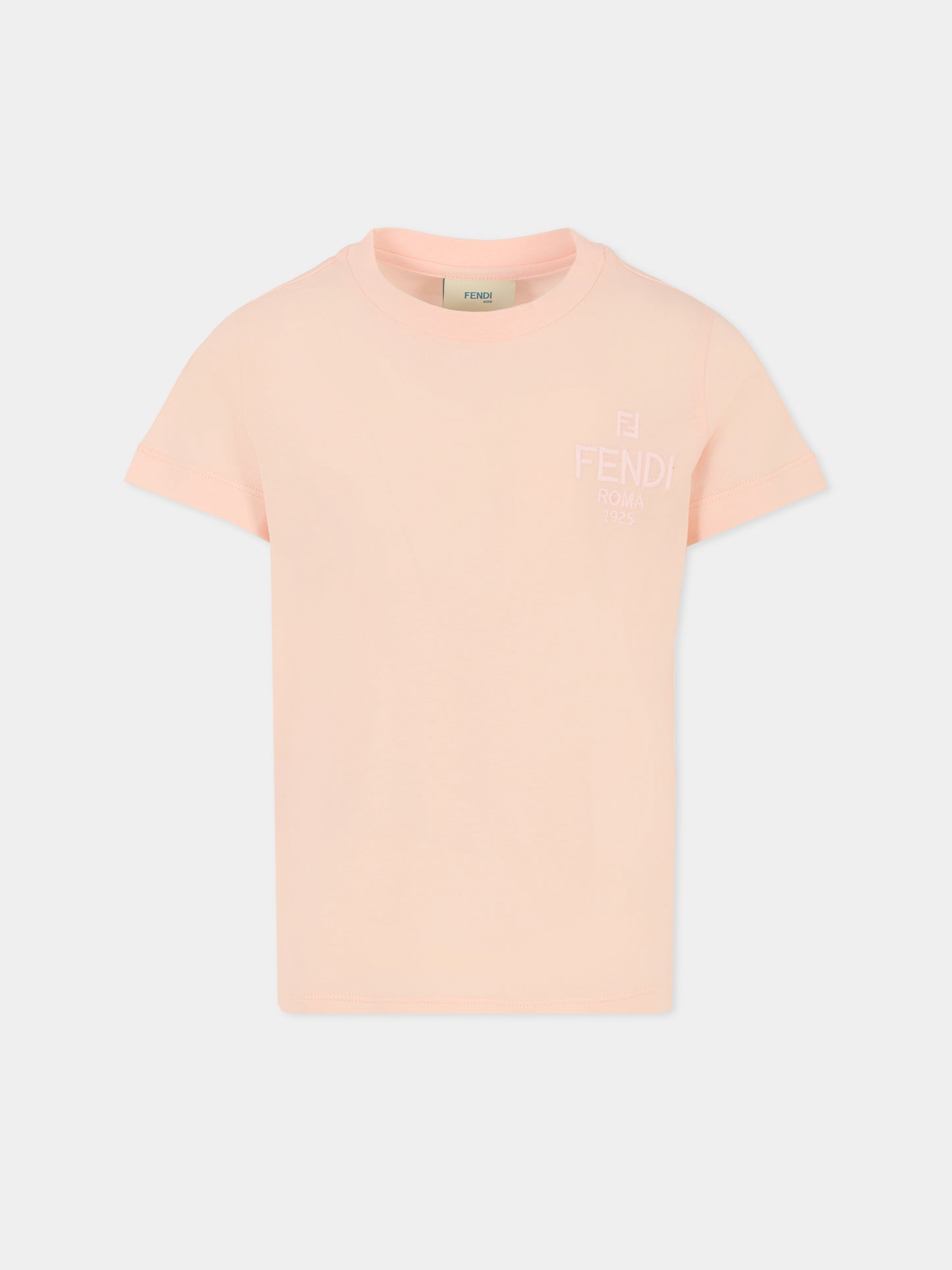 T-shirt rosa per bambina con logo ricamato,Fendi Kids,JUI190 7AJ F0ZKY