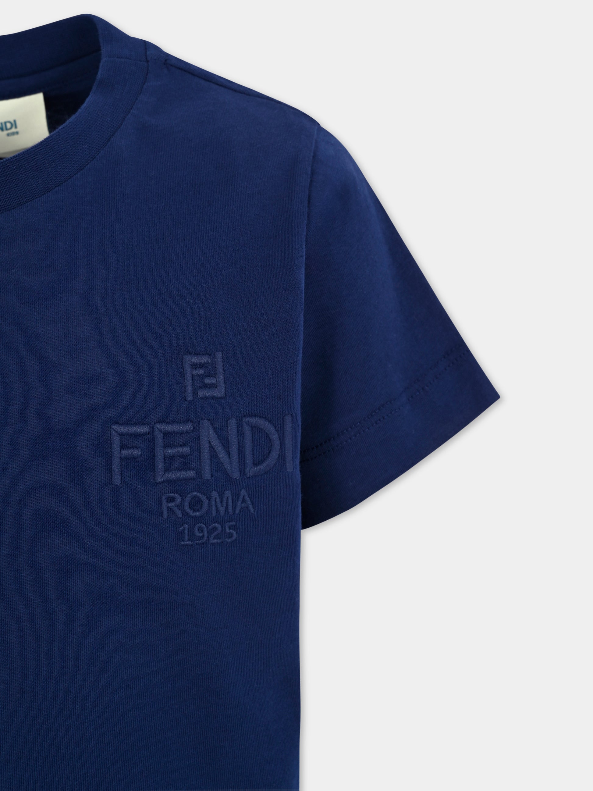 T-shirt blu per bambini con logo ricamato,Fendi Kids,JUI190 7AJ F1I11