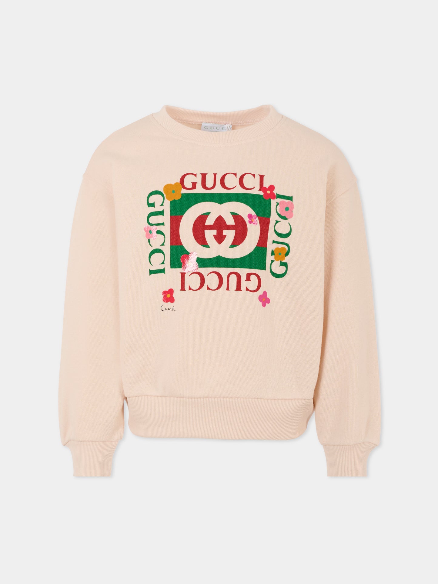 Felpa rosa per bambina con incrocio GG e fiori,Gucci Kids,799331 XJHFR 6341