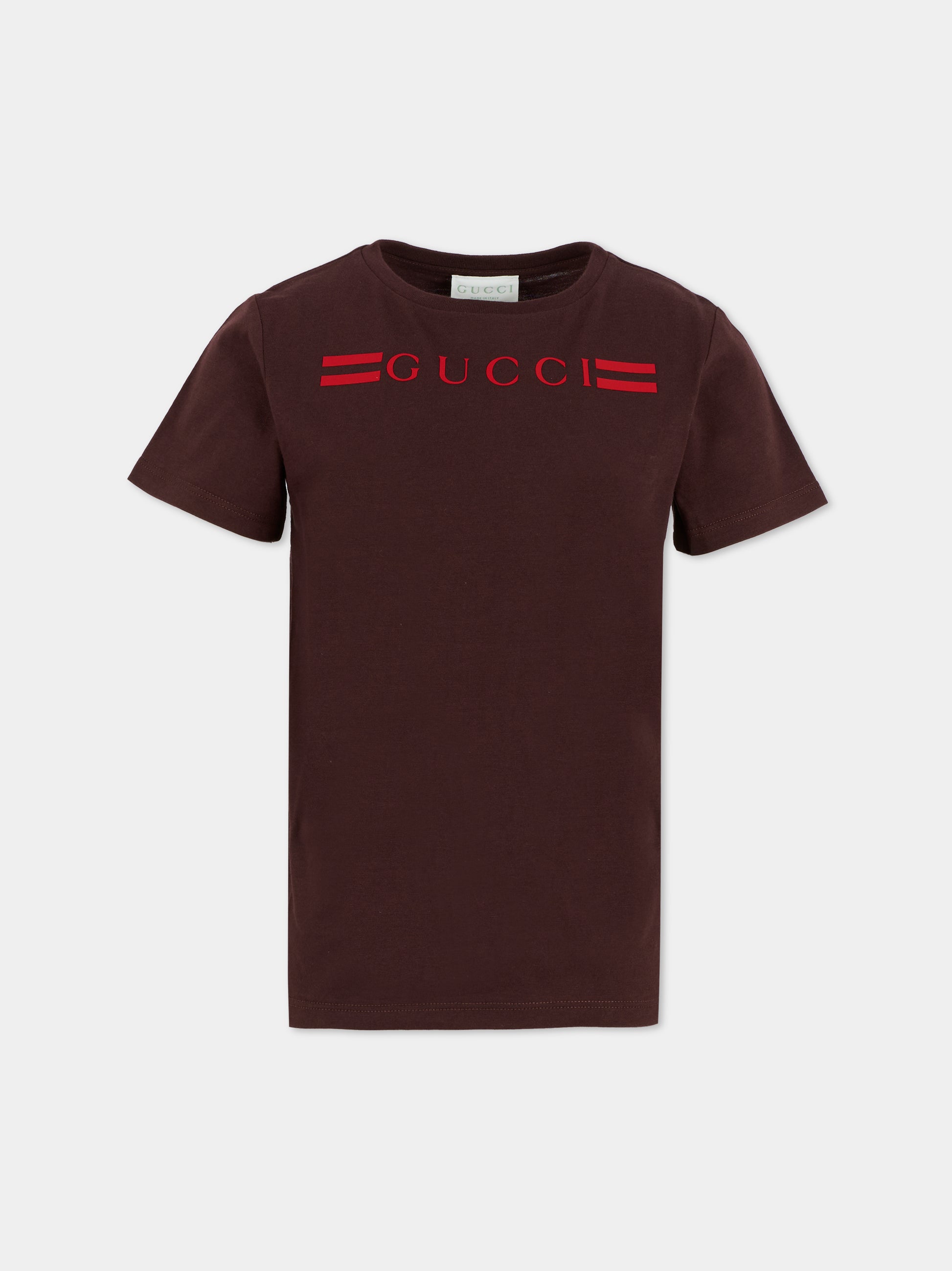 T-shirt marrone per bambini con logo,Gucci Kids,547559 XJHBQ 5032