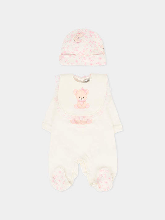 Set tutina avorio per neonata con orsetto rosa,Monnalisa,35F508 6000 0191