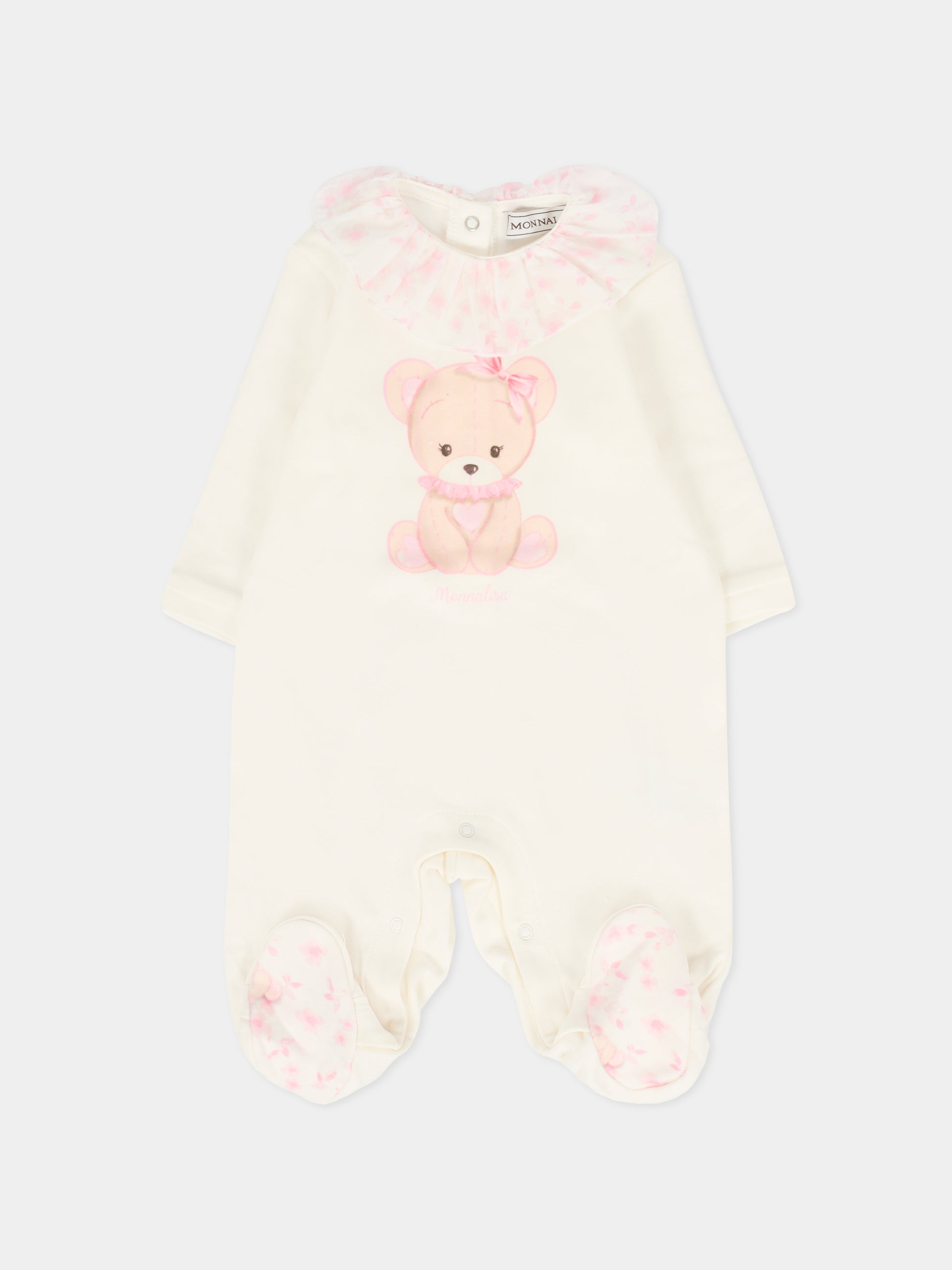 Set tutina avorio per neonata con orsetto rosa,Monnalisa,35F508 6000 0191