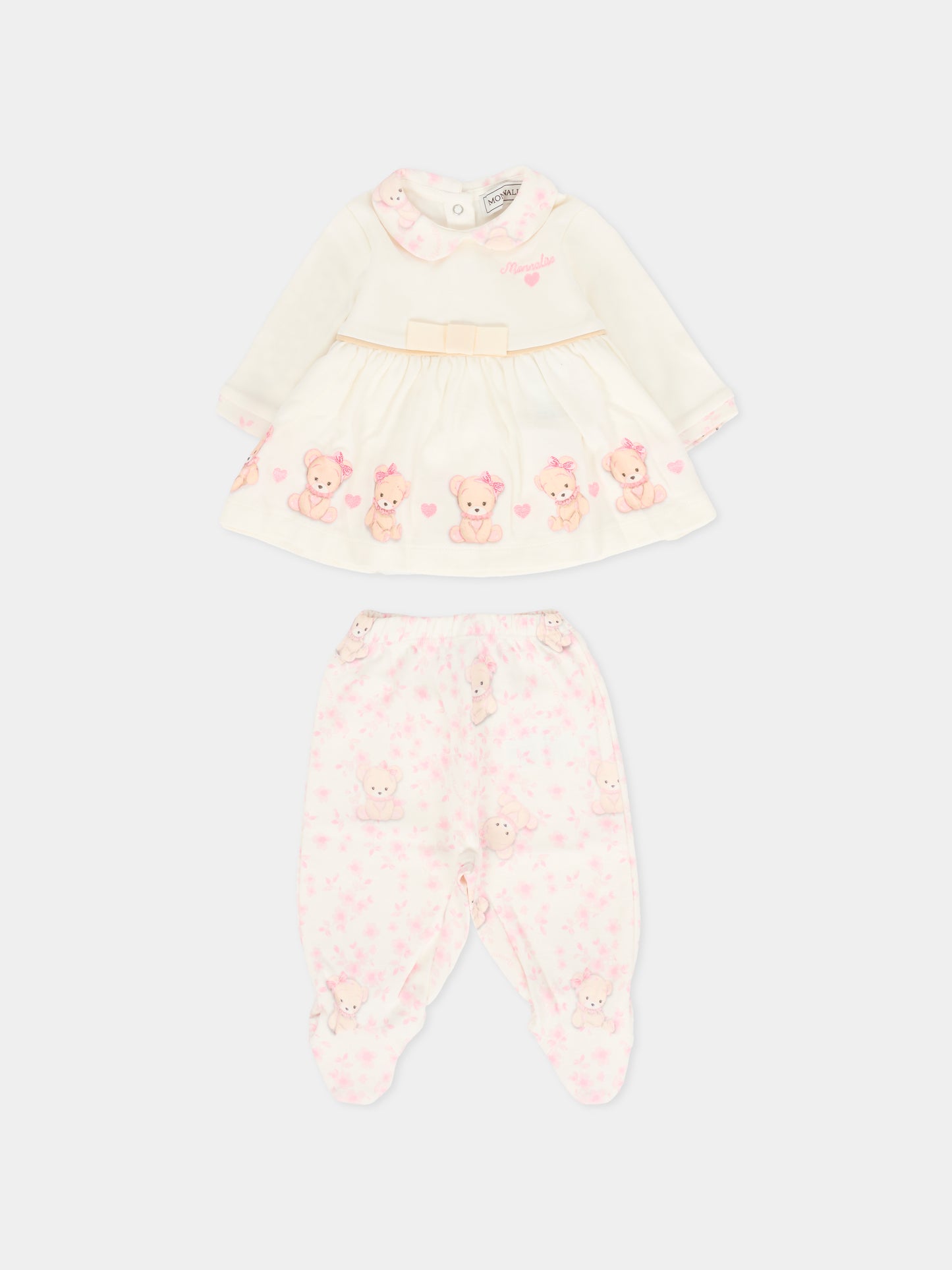 Completo nascita avorio per neonata con orsetto rosa,Monnalisa,35F510 6000 0191