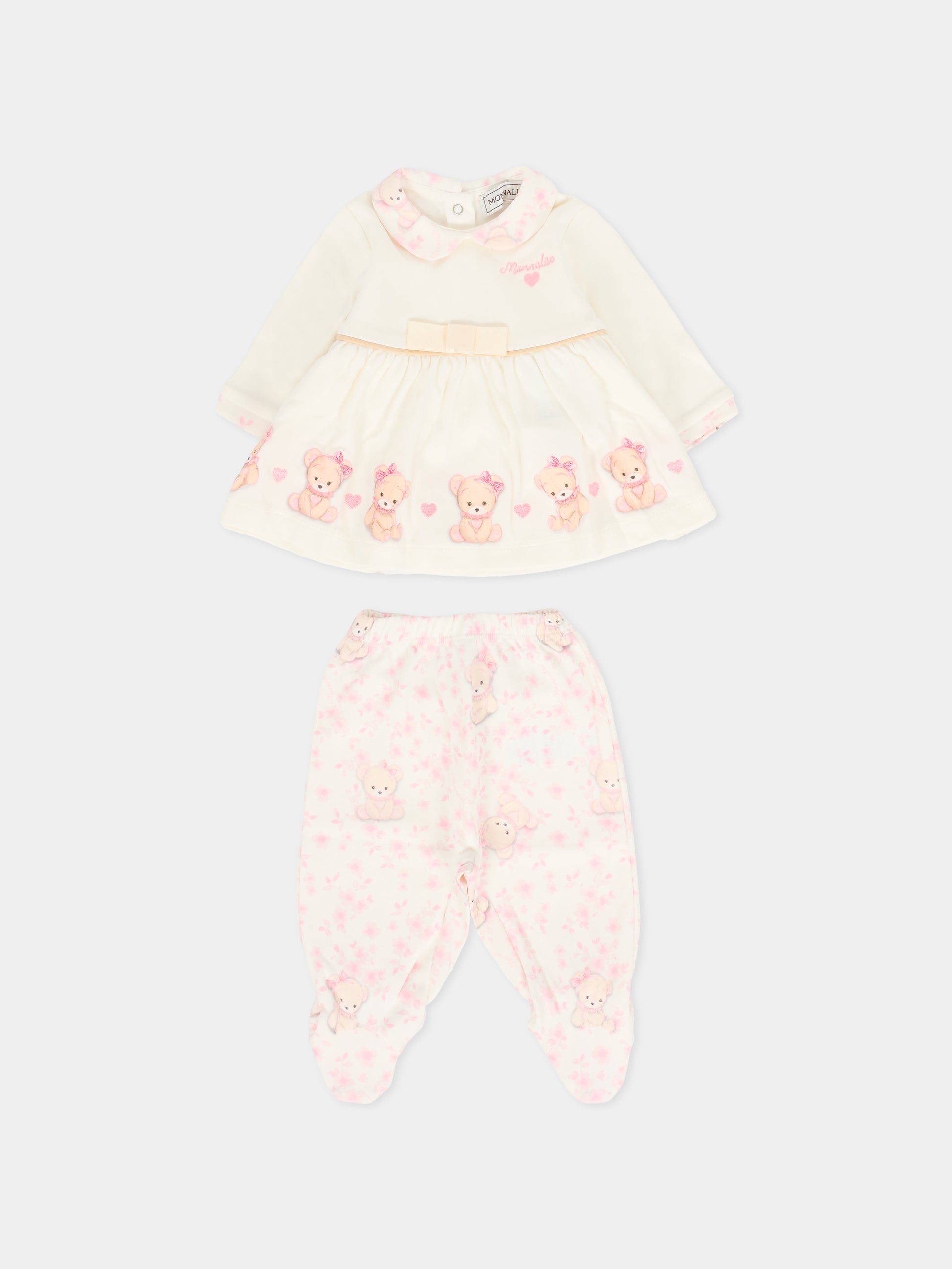 Completo nascita avorio per neonata con orsetto rosa,Monnalisa,35F510 6000 0191