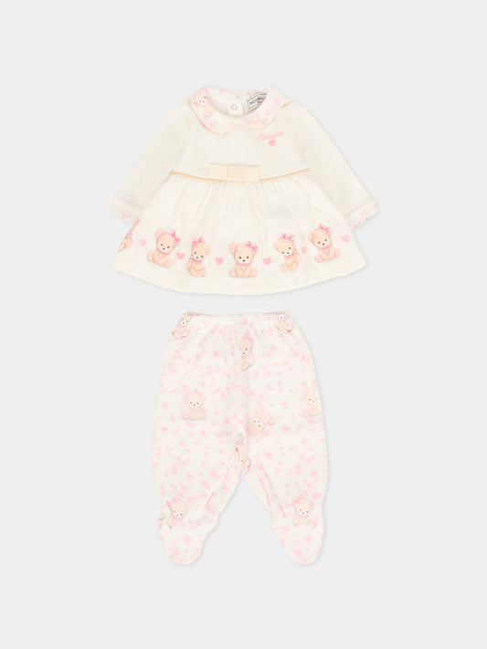 Completo nascita avorio per neonata con orsetto rosa,Monnalisa,35F510 6000 0191