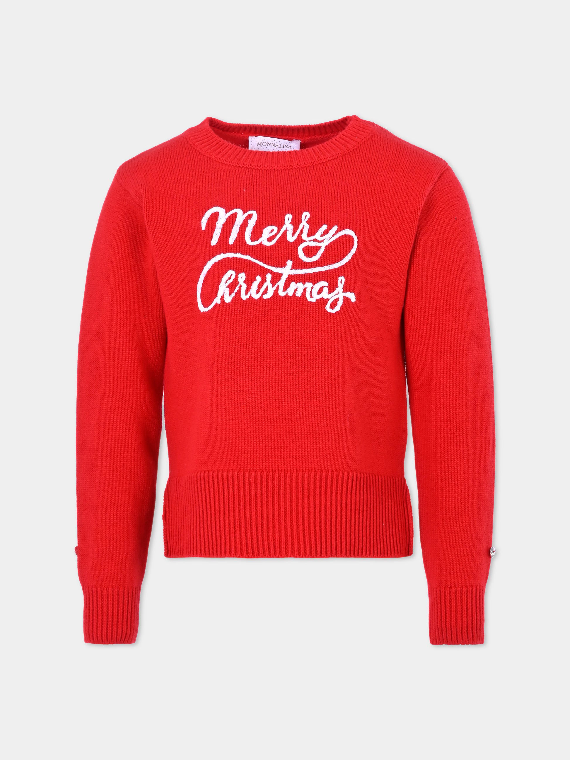 Maglione rosso per bambina con scritta Merry Christmas,Monnalisa,79F606 6064 0043