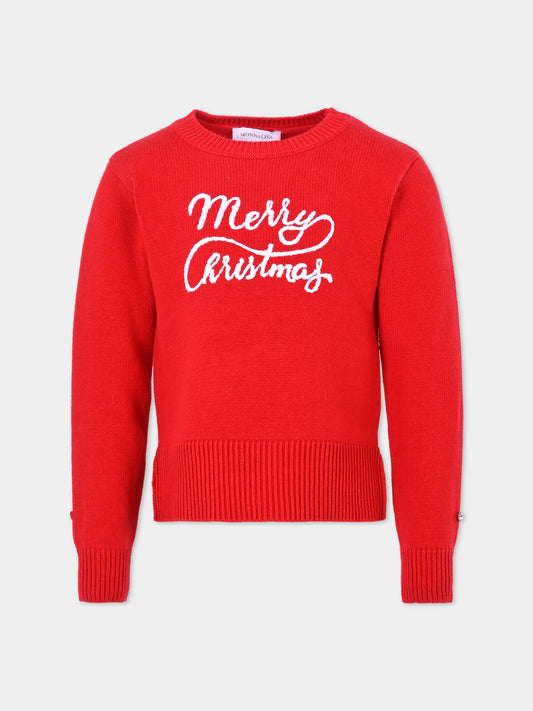 Maglione rosso per bambina con scritta Merry Christmas,Monnalisa,79F606 6064 0043