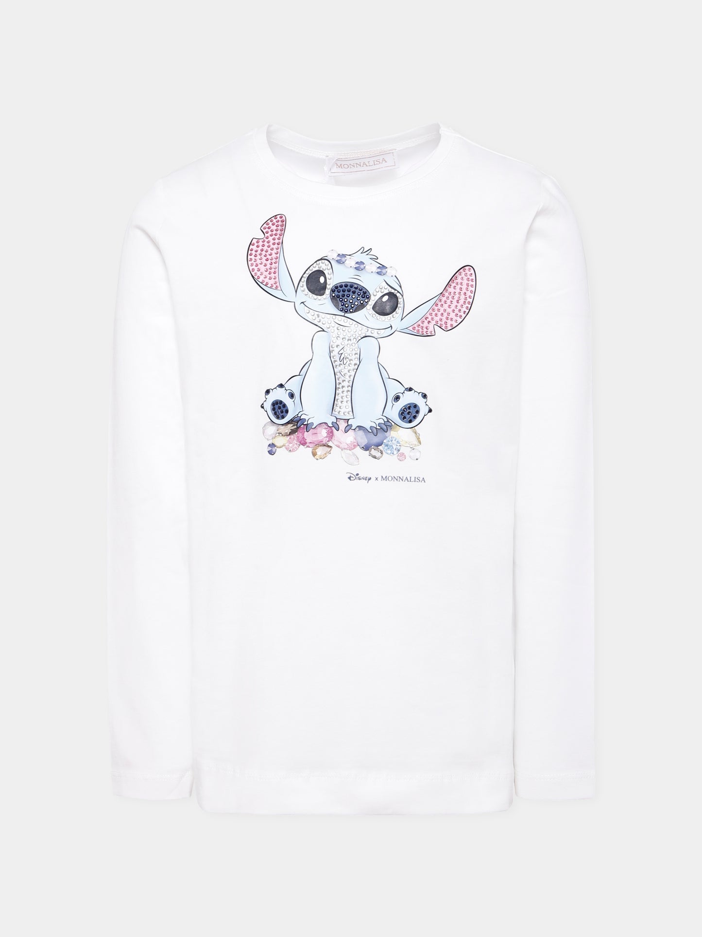 T-shirt bianca per bambina con stampa Stitch e strass,Monnalisa,19F610 6013 0001