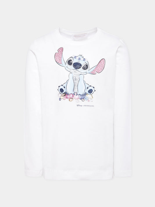 T-shirt bianca per bambina con stampa Stitch e strass,Monnalisa,19F610 6013 0001