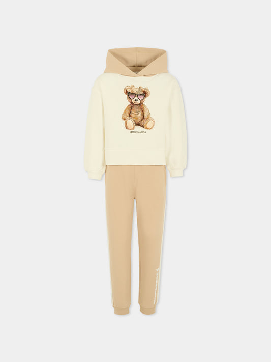 Completo beige per bambina con orsetto,Monnalisa,19F500 6004 0102