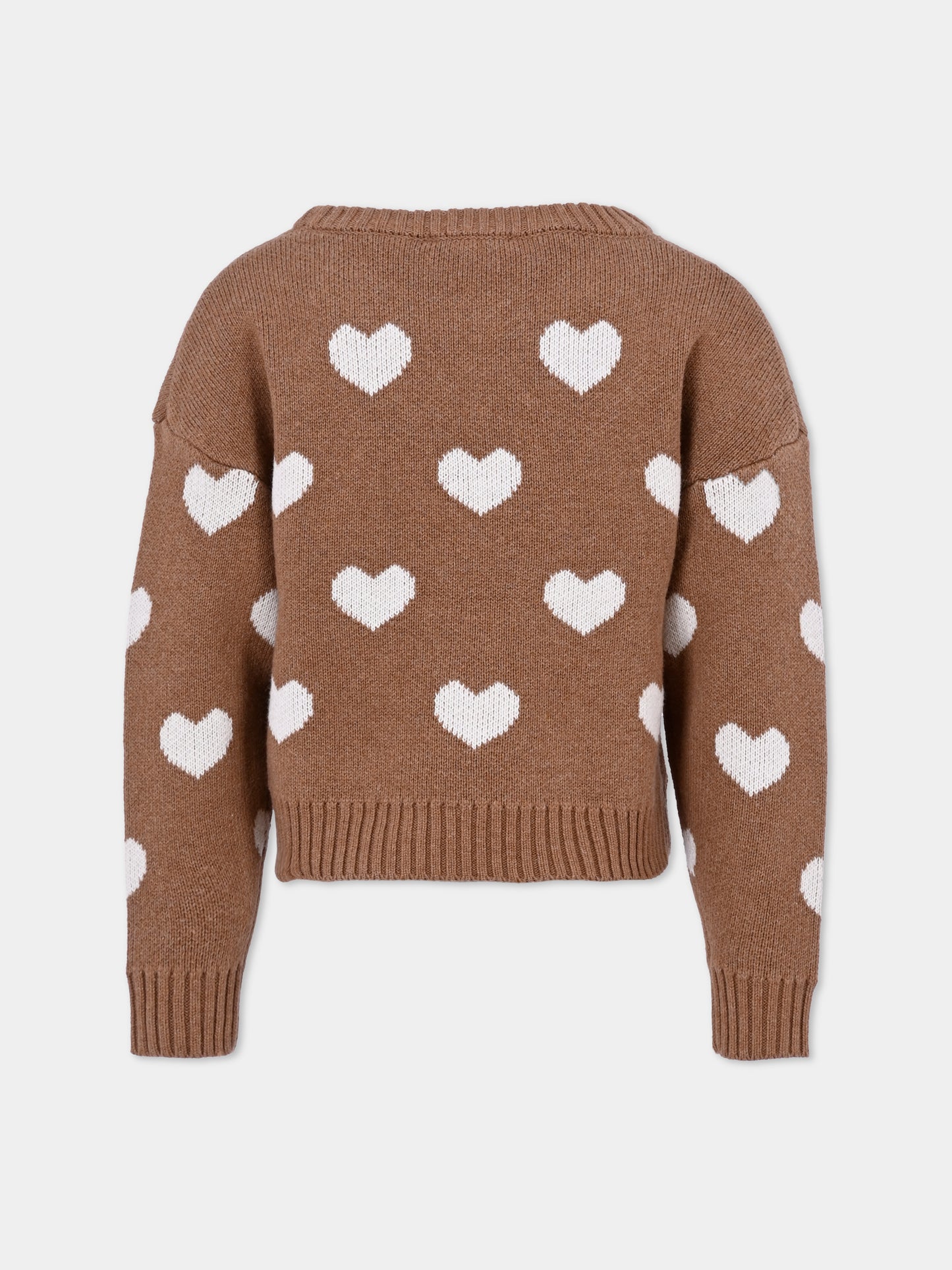 Maglione marrone per bambina con cuori all over,Monnalisa,17F603 6060 0006
