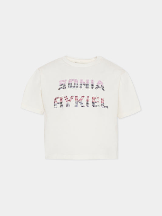 T-shirt crop avorio per bambina con logo,Sonia Rykiel Paris,A00355 117