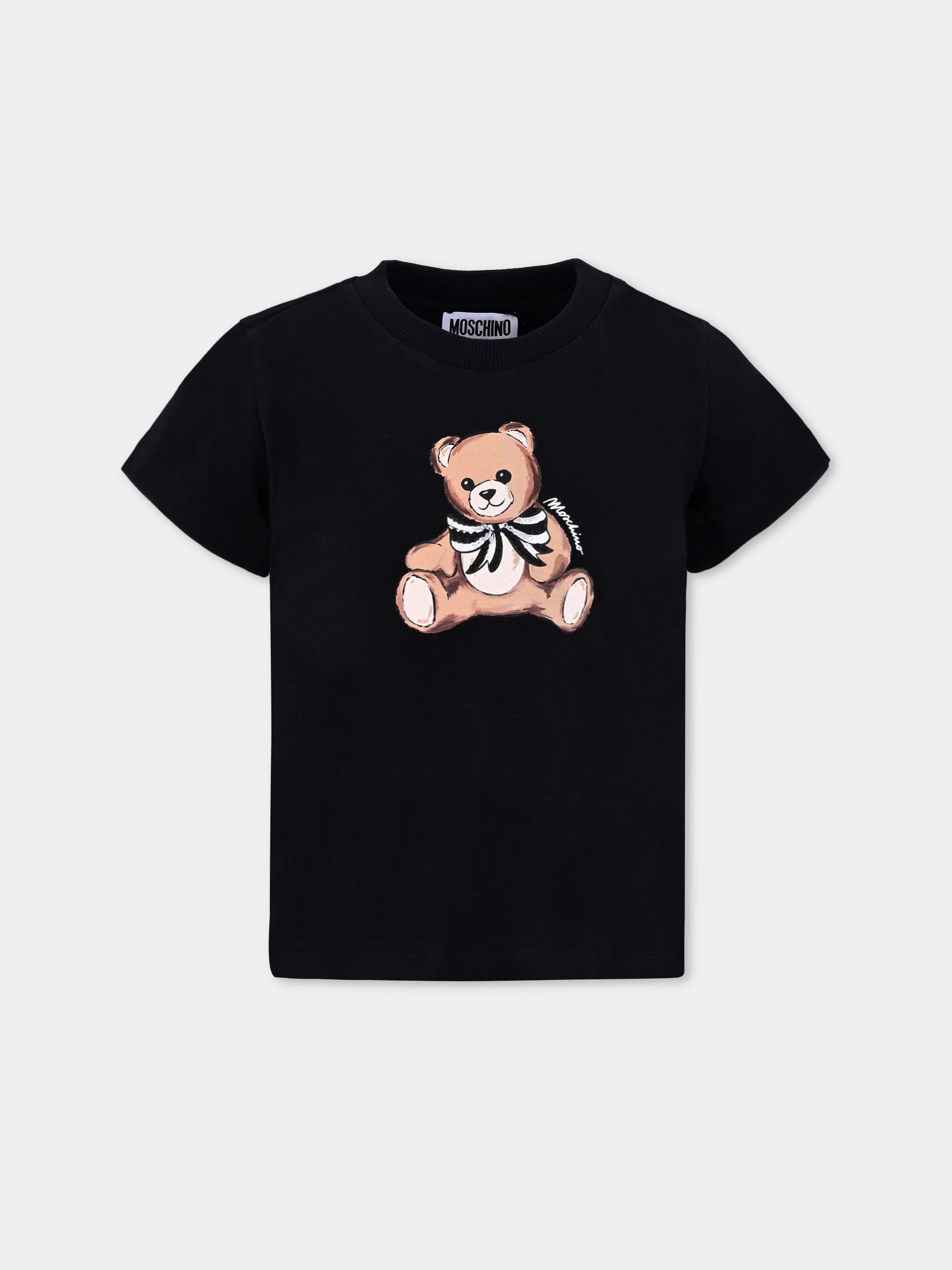 T-shirt nera per bambina con Teddy Bear e paillettes,Moschino Kids,HCM06K LBA11 60100