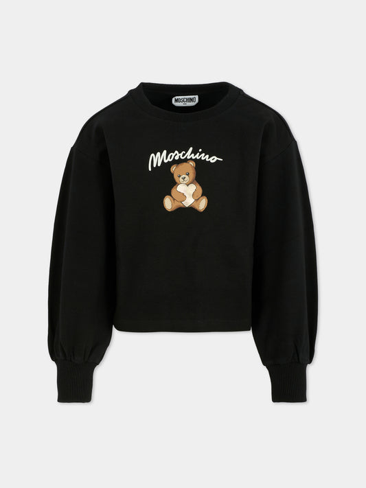 Felpa crop nera per bambina con Teddy Bear e cuore,Moschino Kids,HDF06E LDA14 60100