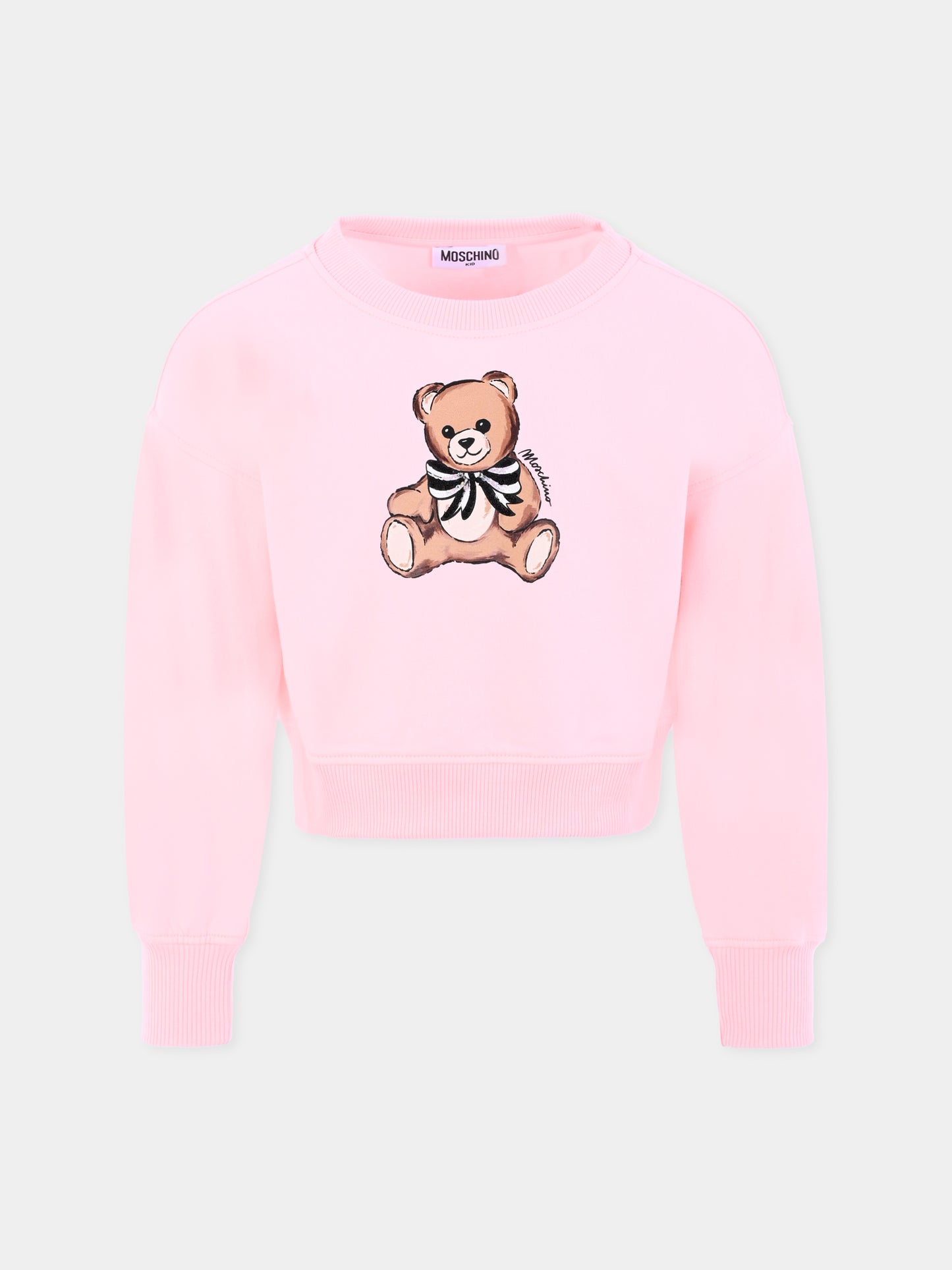 Felpa crop rosa per bambina con Teddy Bear e paillettes,Moschino Kids,HDF06G LDA16 50209